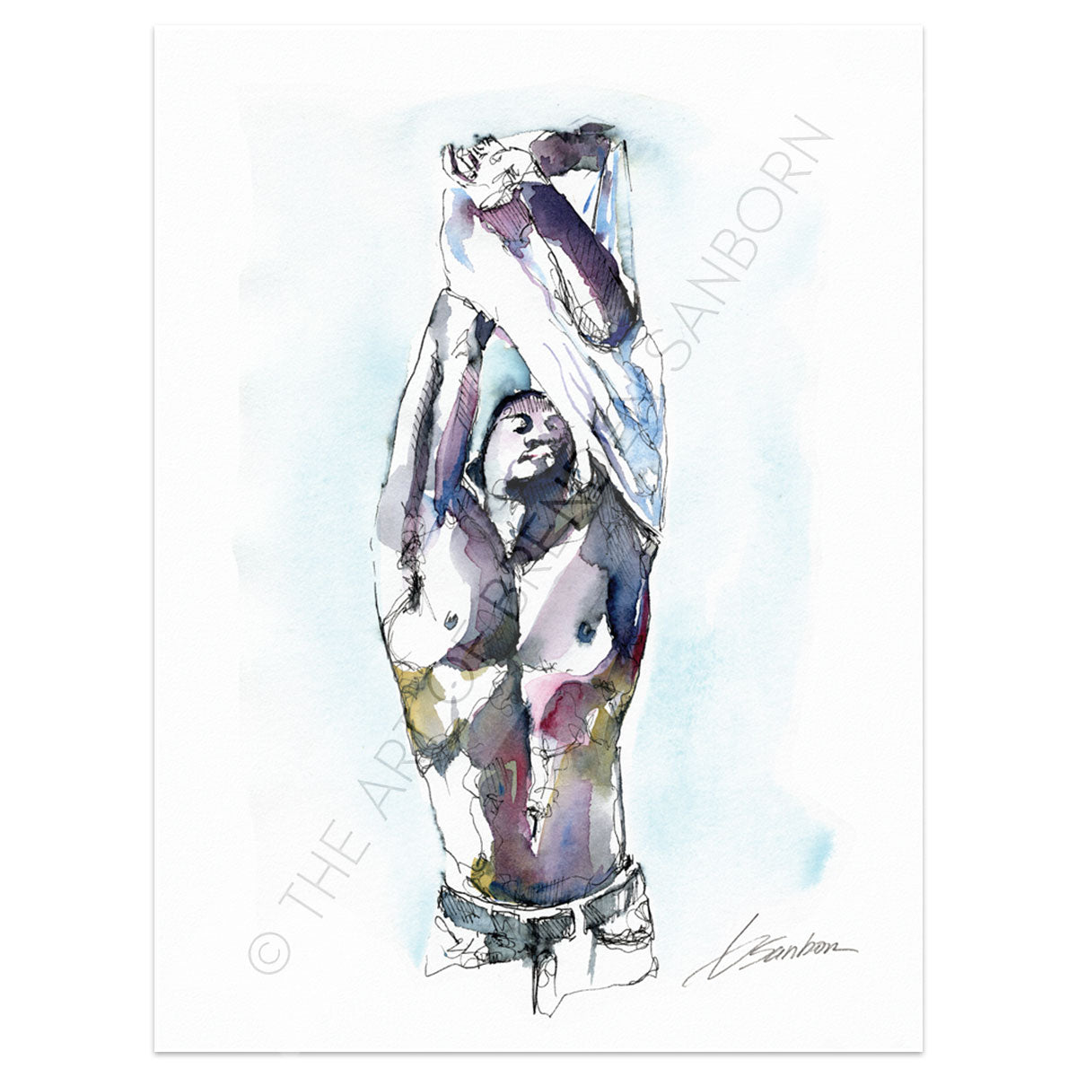 Sultry Descent of Fabric: Well-Toned Man Revealed - Original by Brenden Sanborn Artist Brenden Sanborn