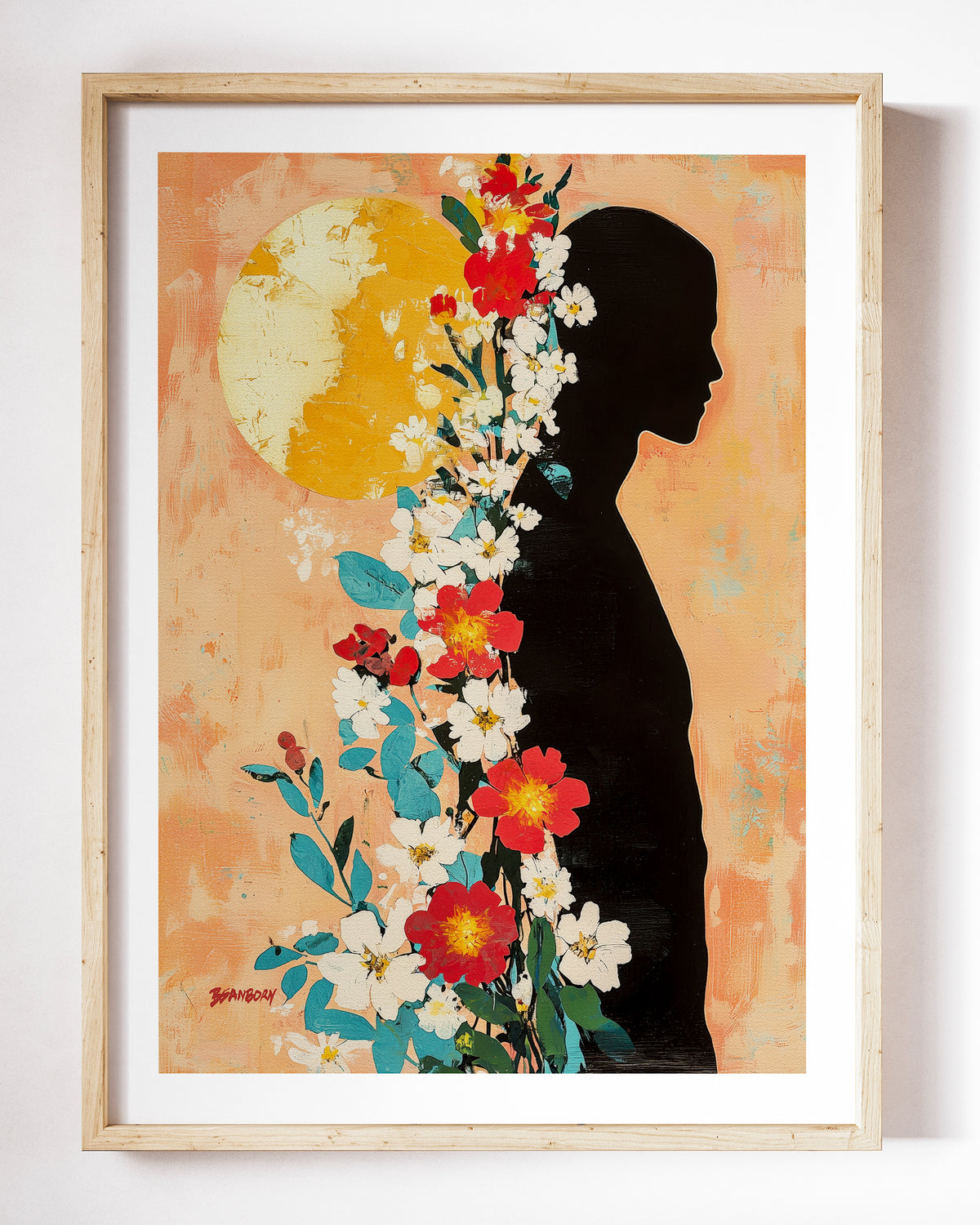 Sun Keeper art print by Brenden Sanborn, a dark silhouette facing a golden sun with red and white flowers growing up his chest, shown in a light wood frame