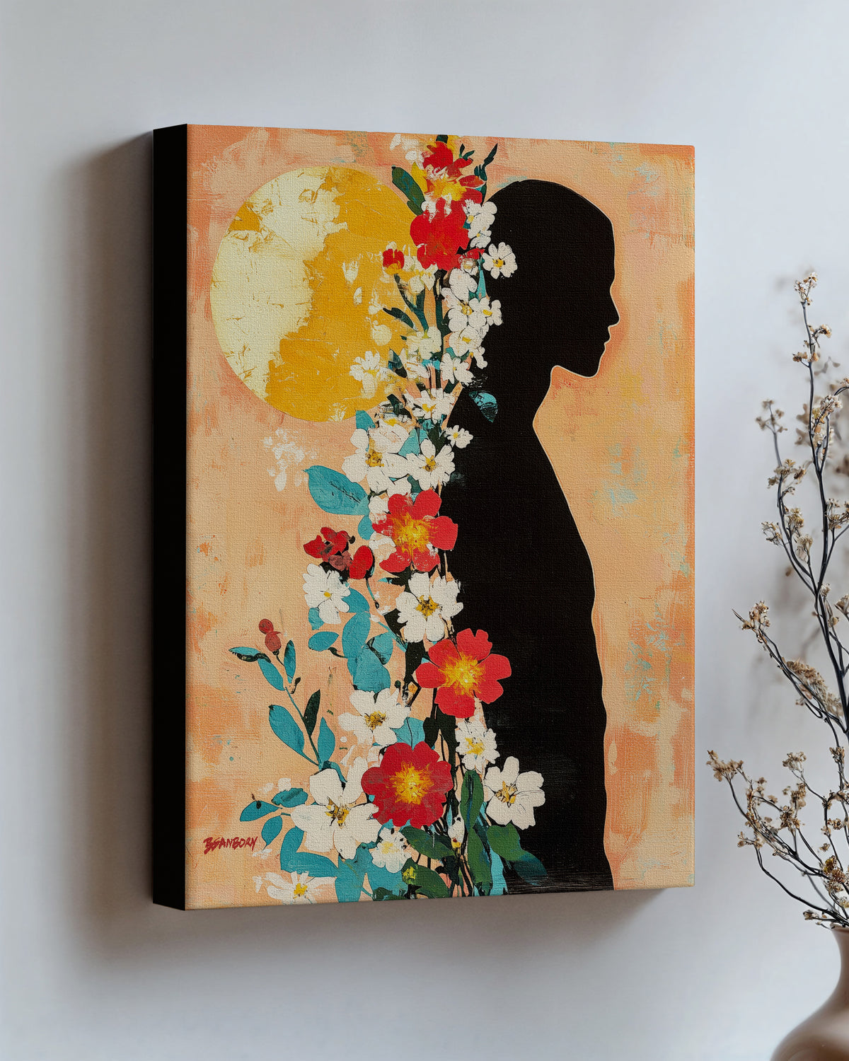 Sun Keeper on stretched canvas with black edges, hung on a wall and seen at an angle