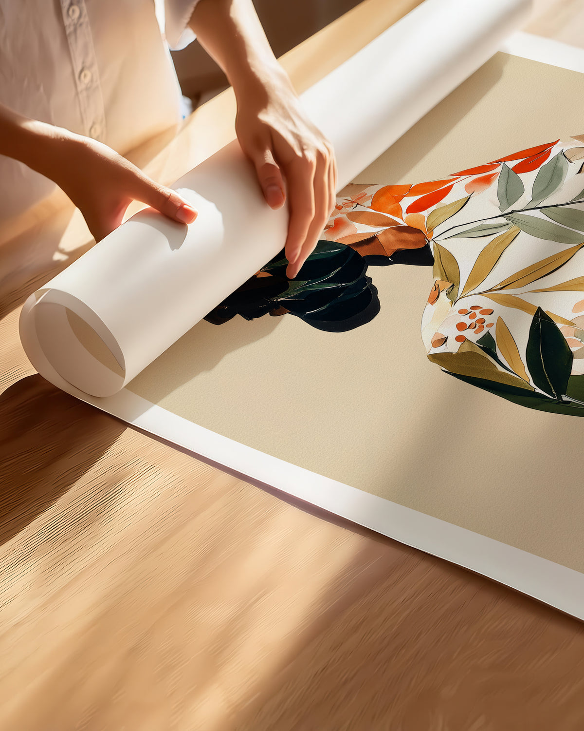 Hands unrolling the Turning Leaf fine art paper print, showing the white border