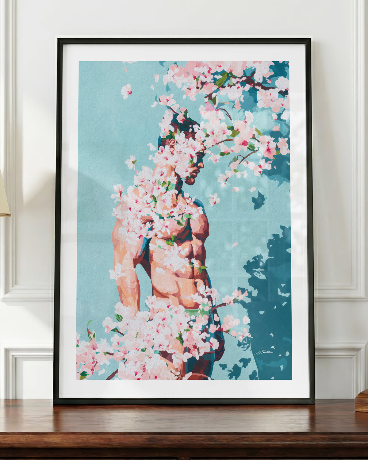 Under Branches art print in a black frame, shown up close