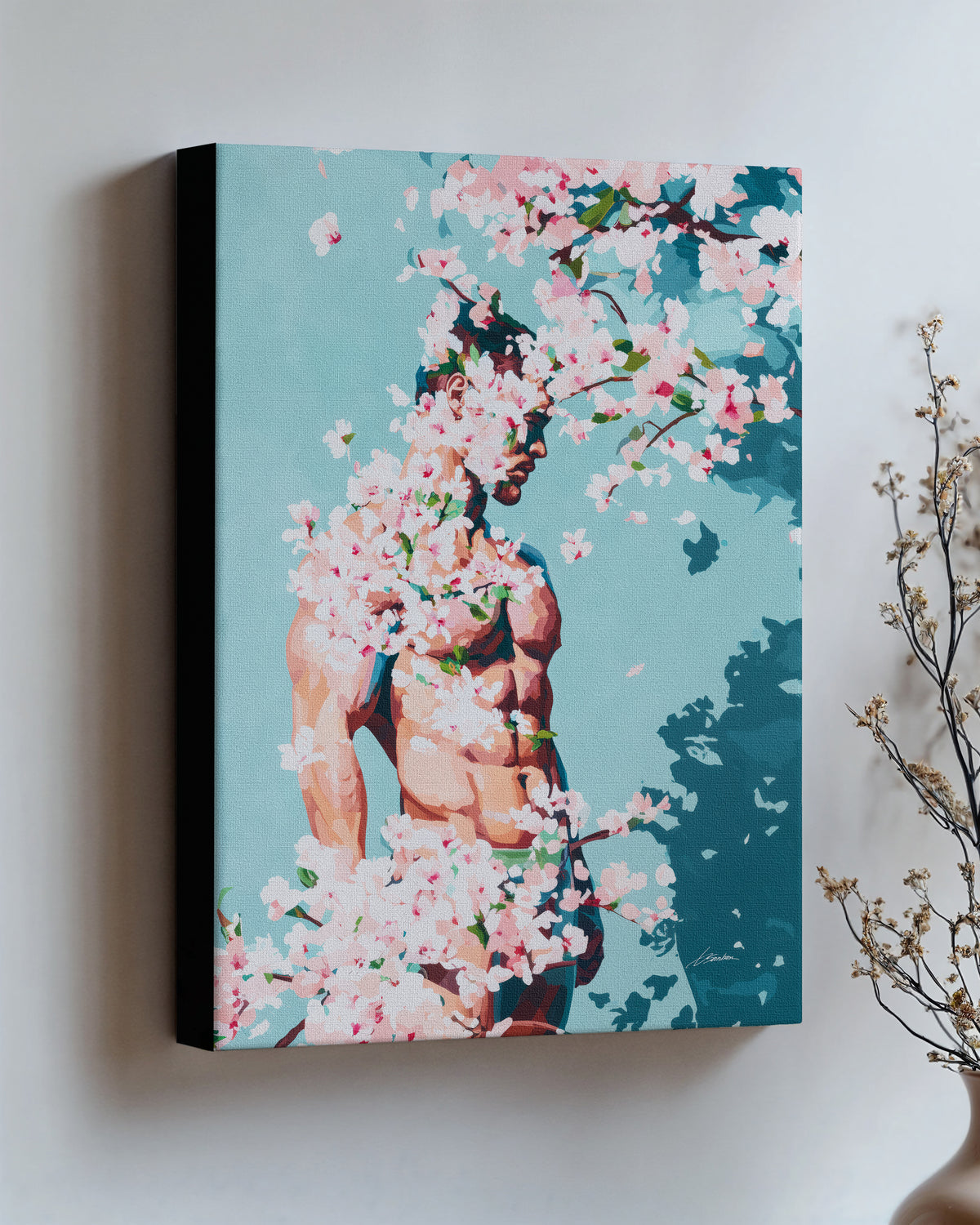 Under Branches on stretched canvas with black edges, hung on a wall and seen at an angle