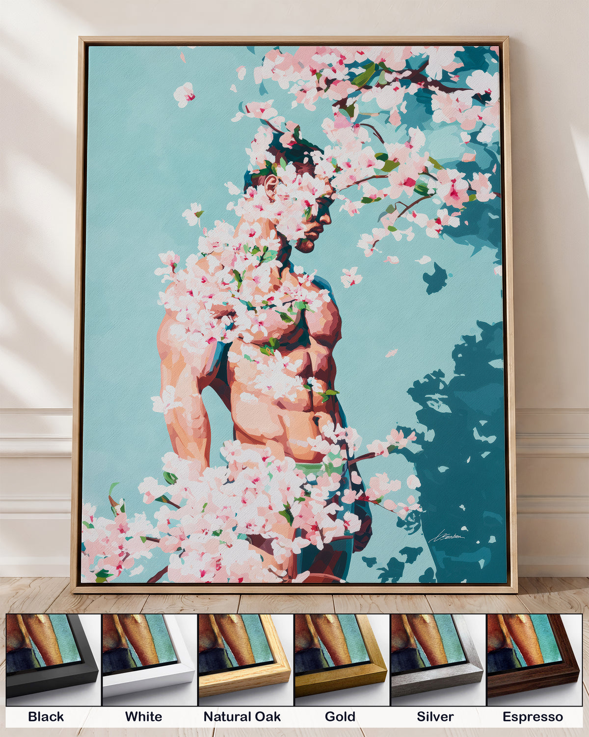 Under Branches on canvas in a natural oak floating frame, with corner samples of all six frame colors: black, white, natural oak, gold, silver and espresso