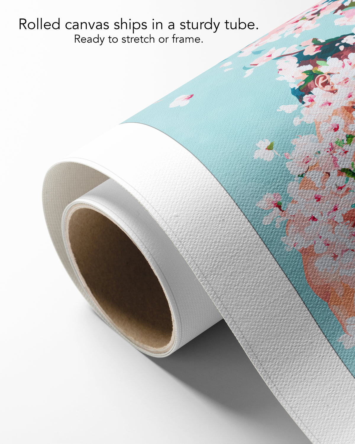 Under Branches on rolled canvas with a white border, curling off its cardboard core