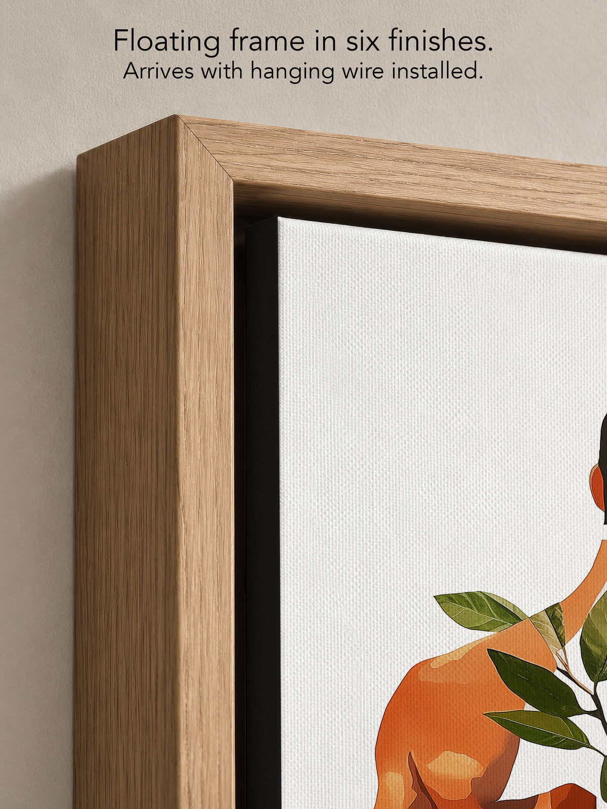Close up corner of Vine Memory in a natural oak floating frame, with black canvas edges and hanging wire installed