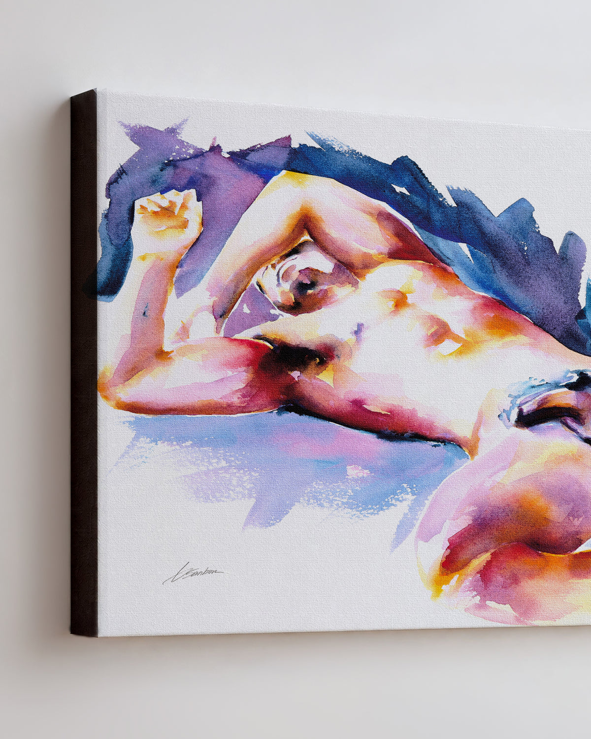 Wide Awake on stretched canvas with black edges, seen at an angle