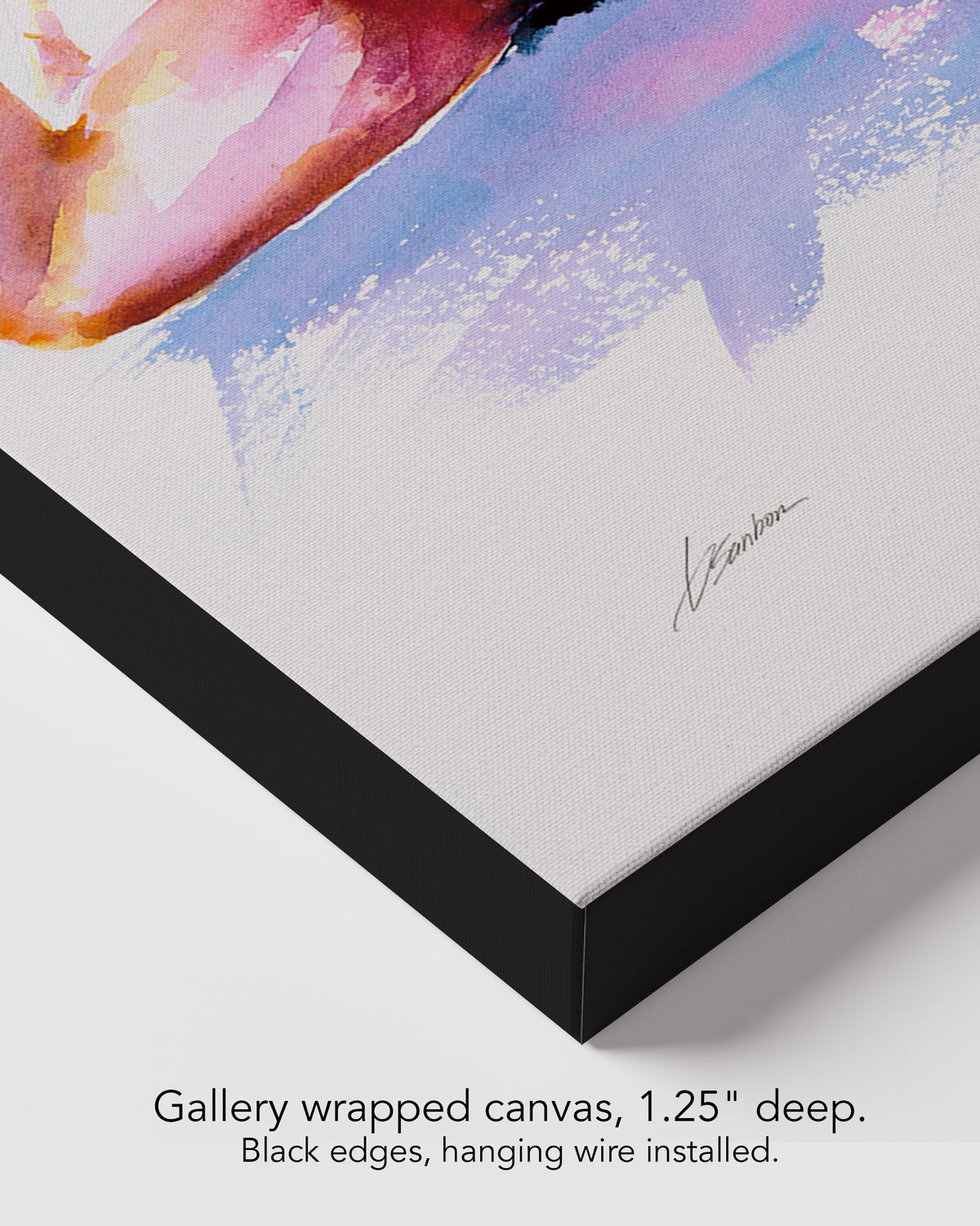 Corner of Wide Awake on gallery wrapped canvas, 1.25 inches deep, with black edges and hanging wire installed