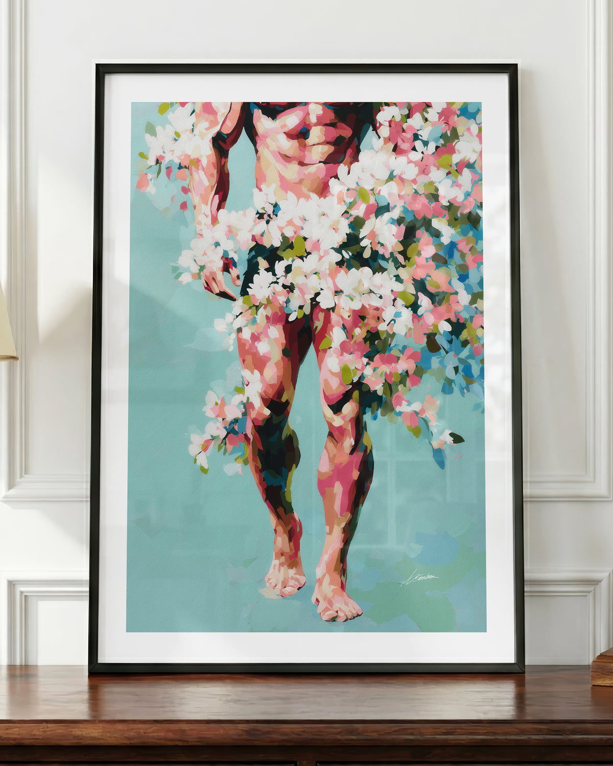 Walking Spring art print in a black frame, shown up close