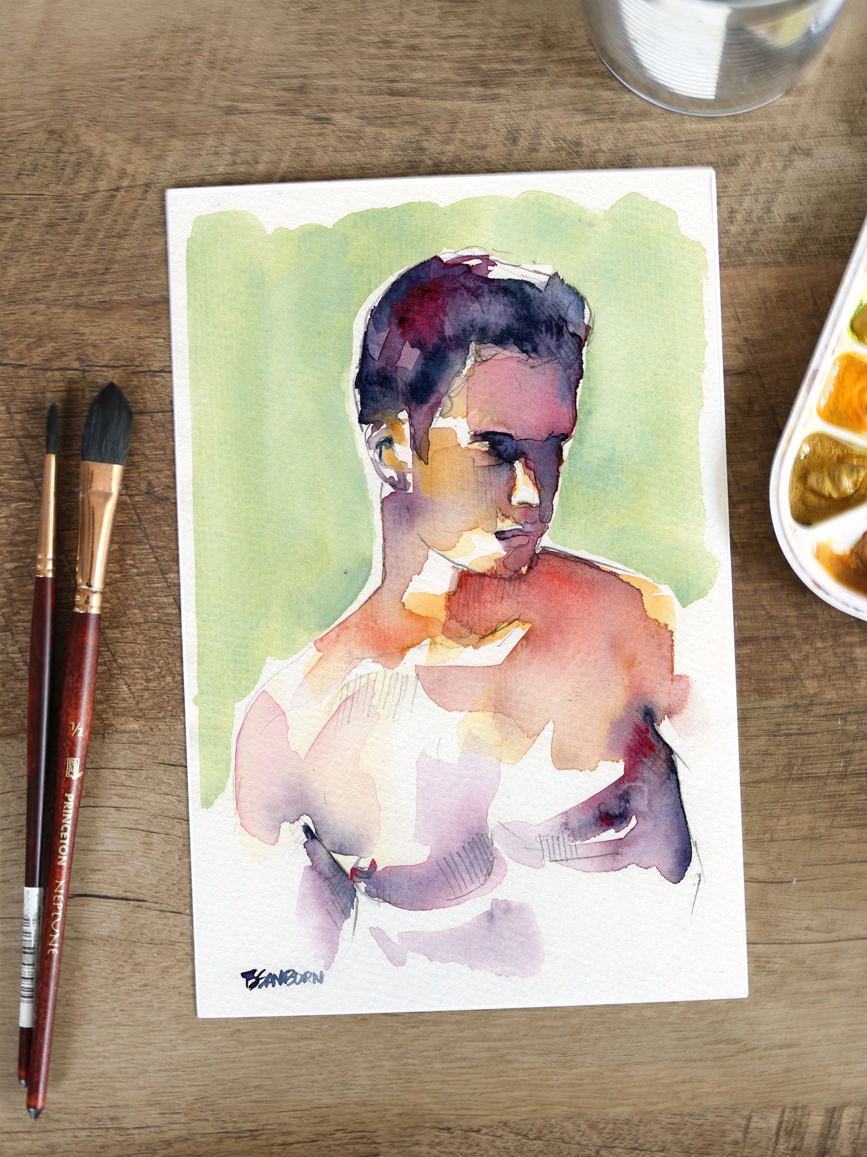 Shirtless young male figure original watercolor painting 6x9 downcast gaze by Brenden Sanborn