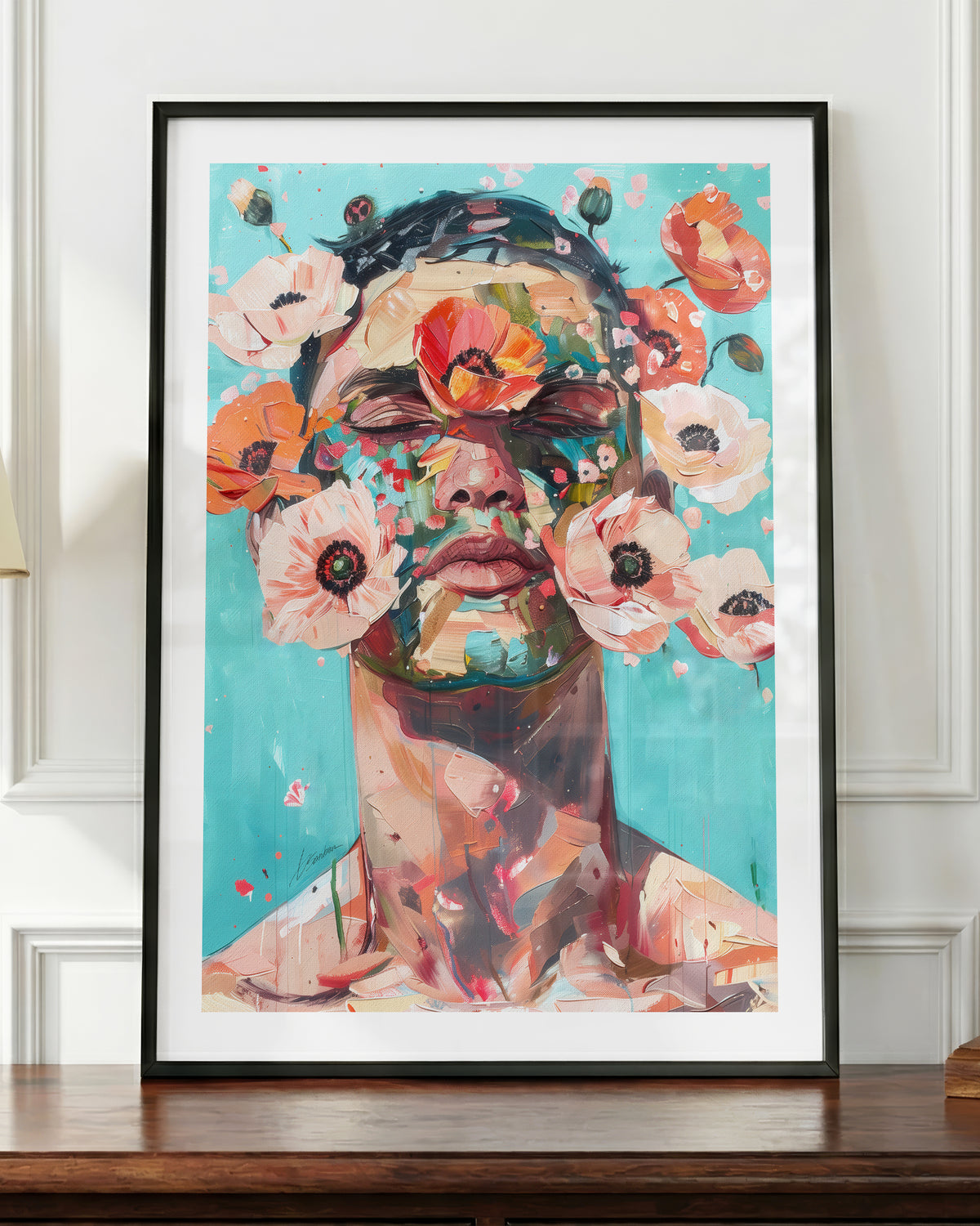 Wild Mask art print in a black frame, shown up close