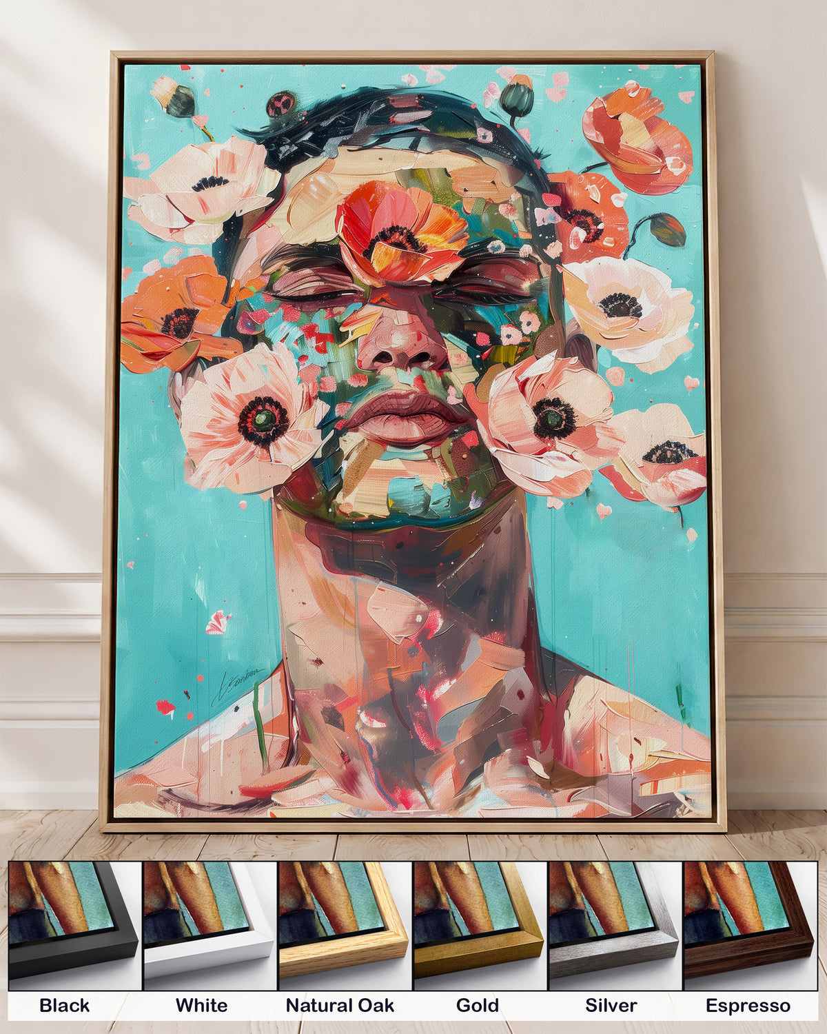 Wild Mask on canvas in a natural oak floating frame, with corner samples of all six frame colors: black, white, natural oak, gold, silver and espresso