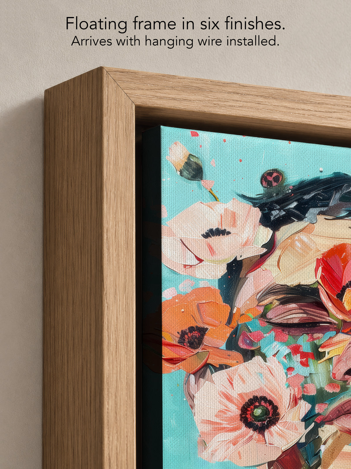 Close up corner of Wild Mask in a natural oak floating frame, with black canvas edges and hanging wire installed