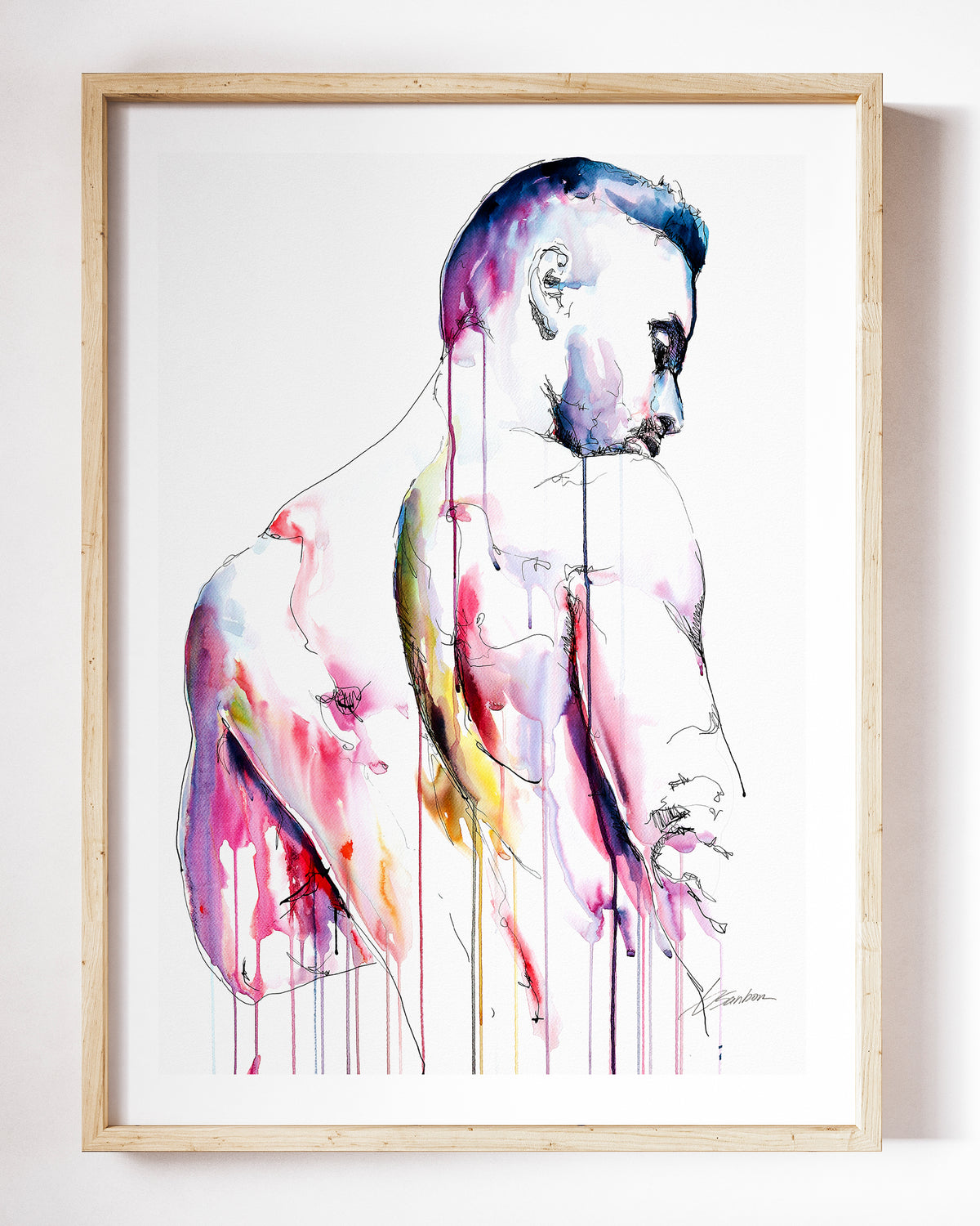 You're Welcome to Look watercolor art print by Brenden Sanborn, a man turning his shoulder toward you, his face in profile, in pink and violet, shown in a light wood frame on a white wall