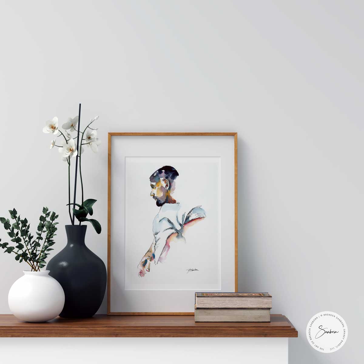 Man Lifting White T Shirt Contemporary Style - Original watercolor Artist Brenden Sanborn