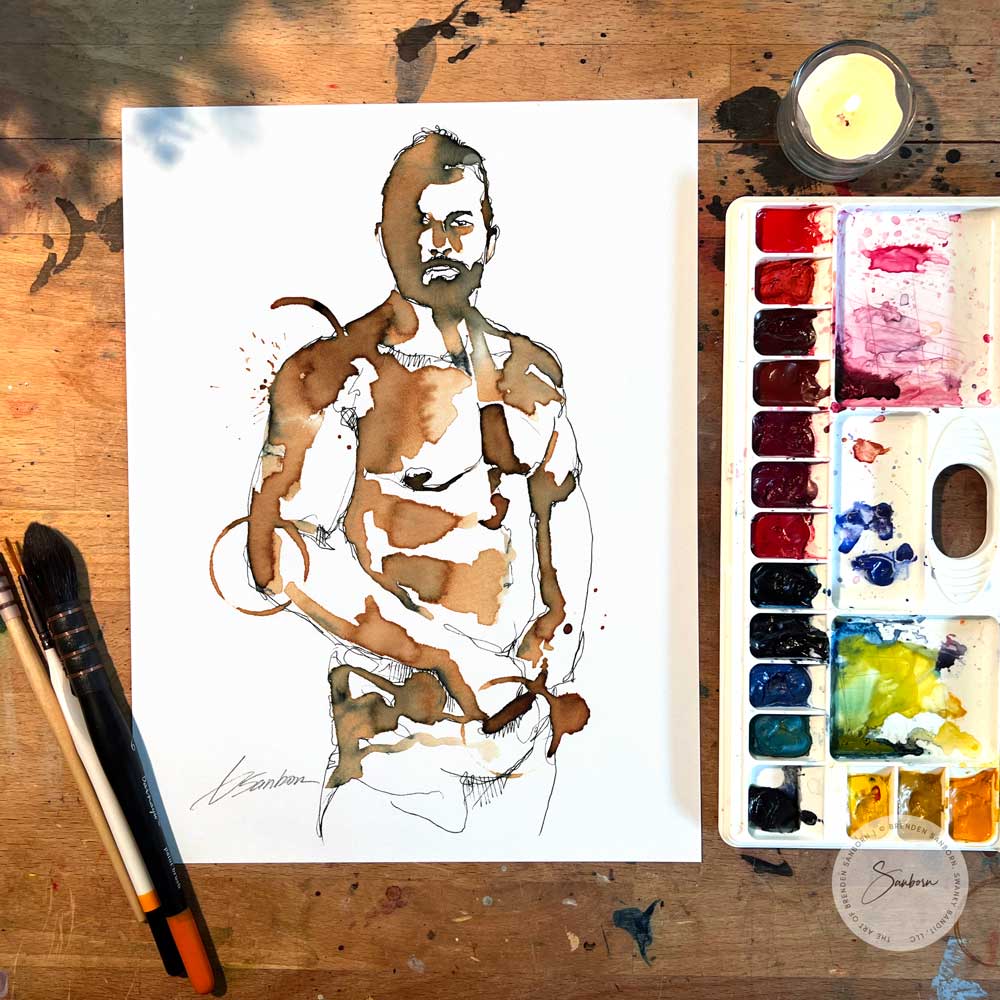 Sensual Male Figure Reaching in Pants - Original Coffee Art Artist Brenden Sanborn