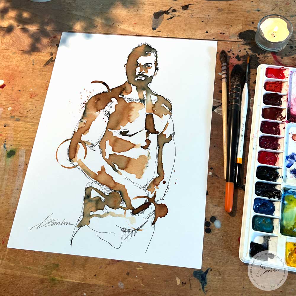 Sensual Male Figure Reaching in Pants - Original Coffee Art Artist Brenden Sanborn
