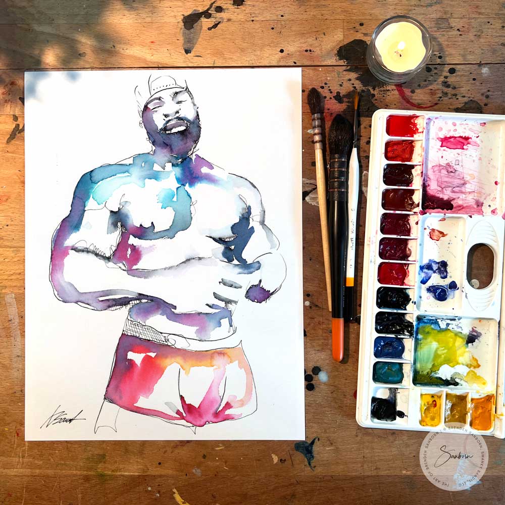 Handsome Bearded man in his Underwear - Original Watercolor Painting Artist Brenden Sanborn