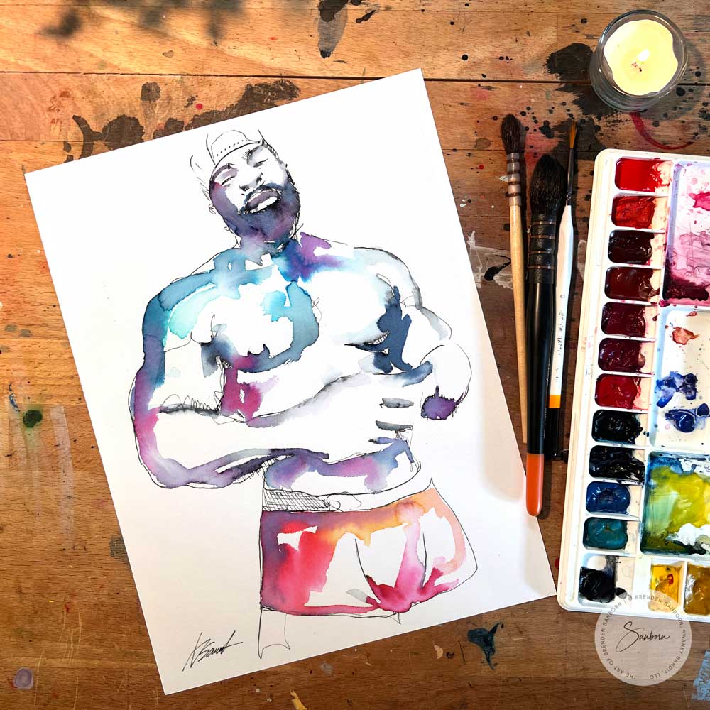 Handsome Bearded man in his Underwear - Original Watercolor Painting Artist Brenden Sanborn