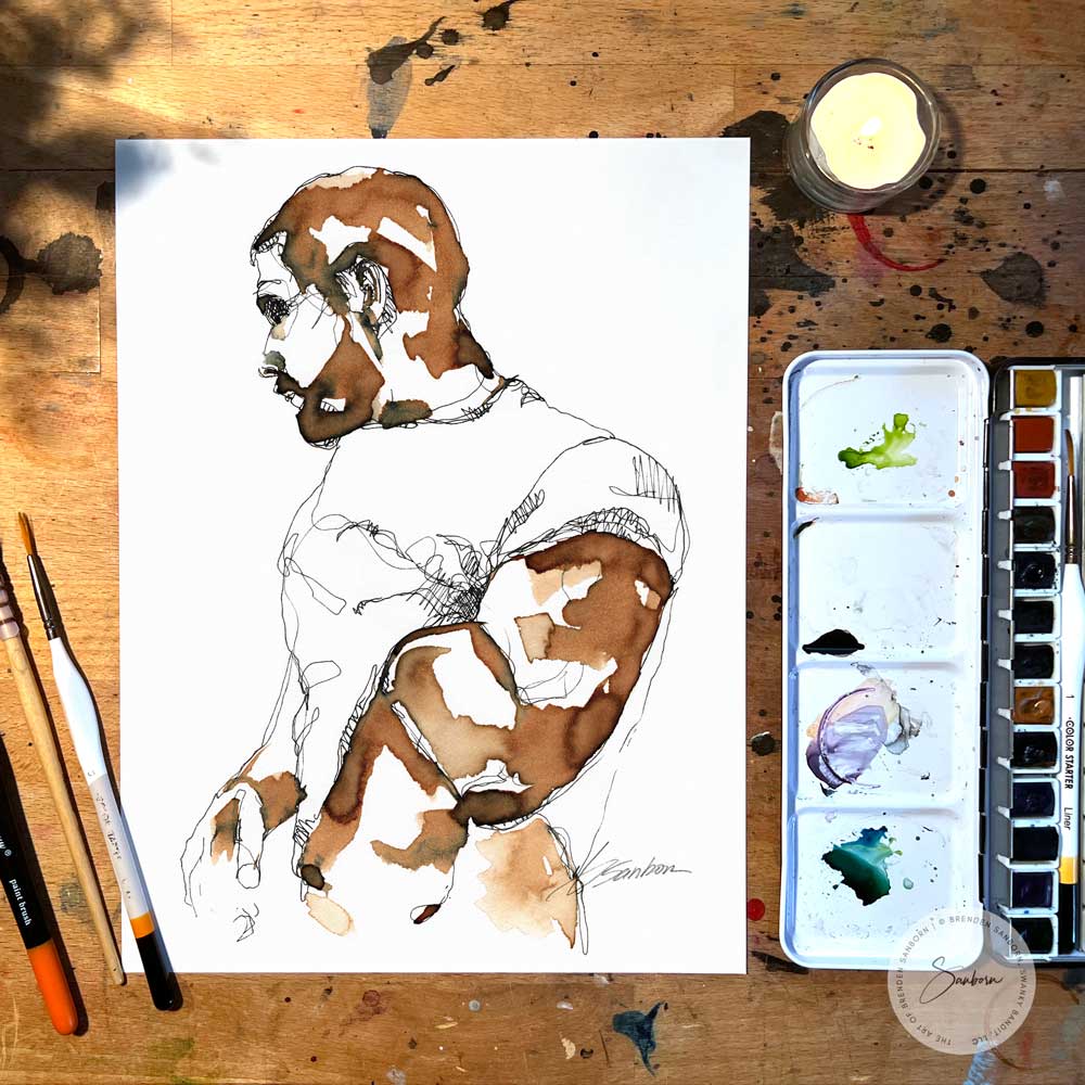 Man lifting his White T-shirt - Original Coffee Art Artist Brenden Sanborn