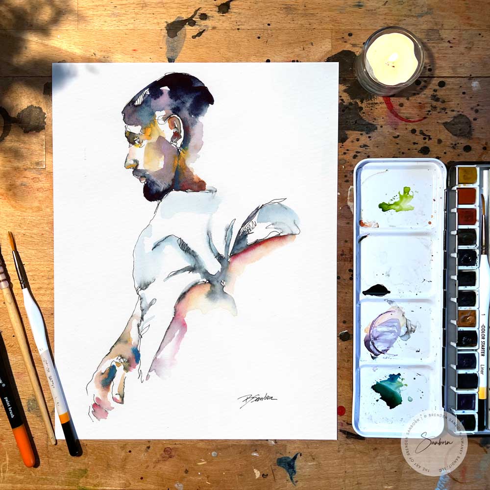 Man Lifting White T Shirt Contemporary Style - Original watercolor Artist Brenden Sanborn