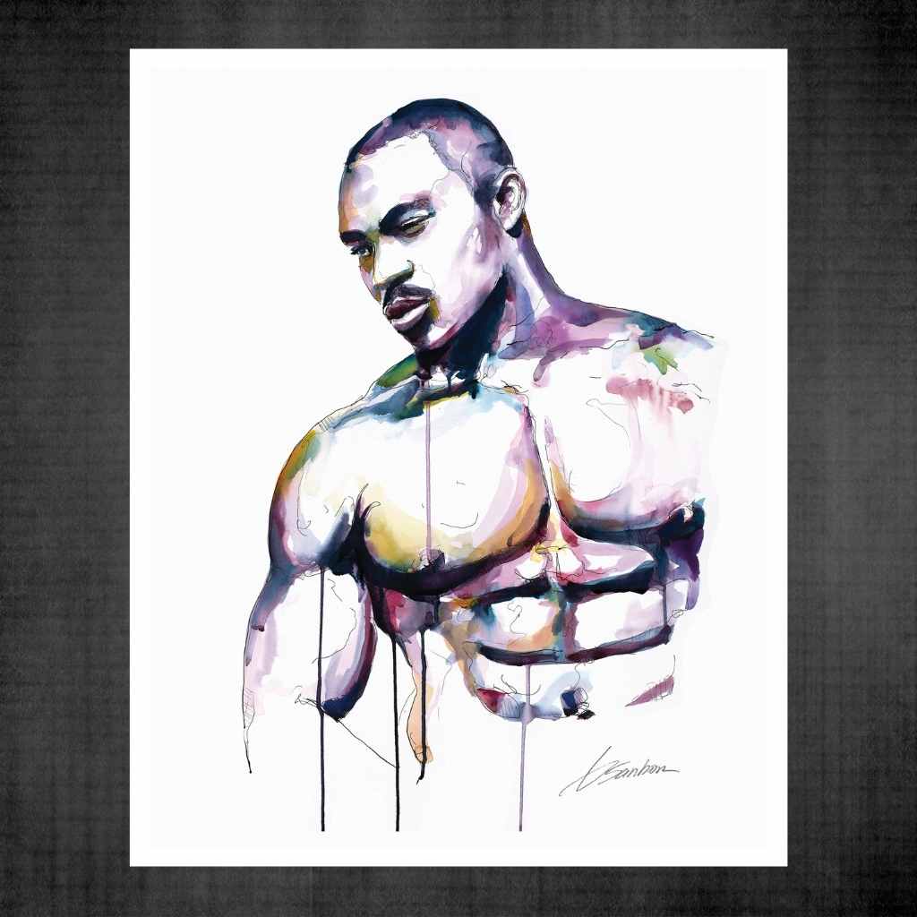 Sexy Muscular Black Man with Intense Look - Original Watercolor Painting Artist Brenden Sanborn