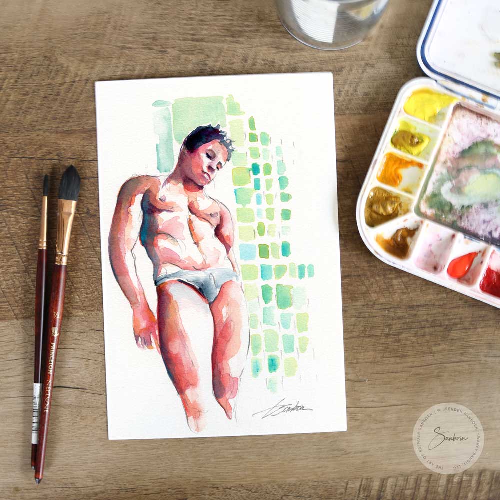Male Swimmer Leaning in a Speedo - Original Watercolor Painting Artist Brenden Sanborn