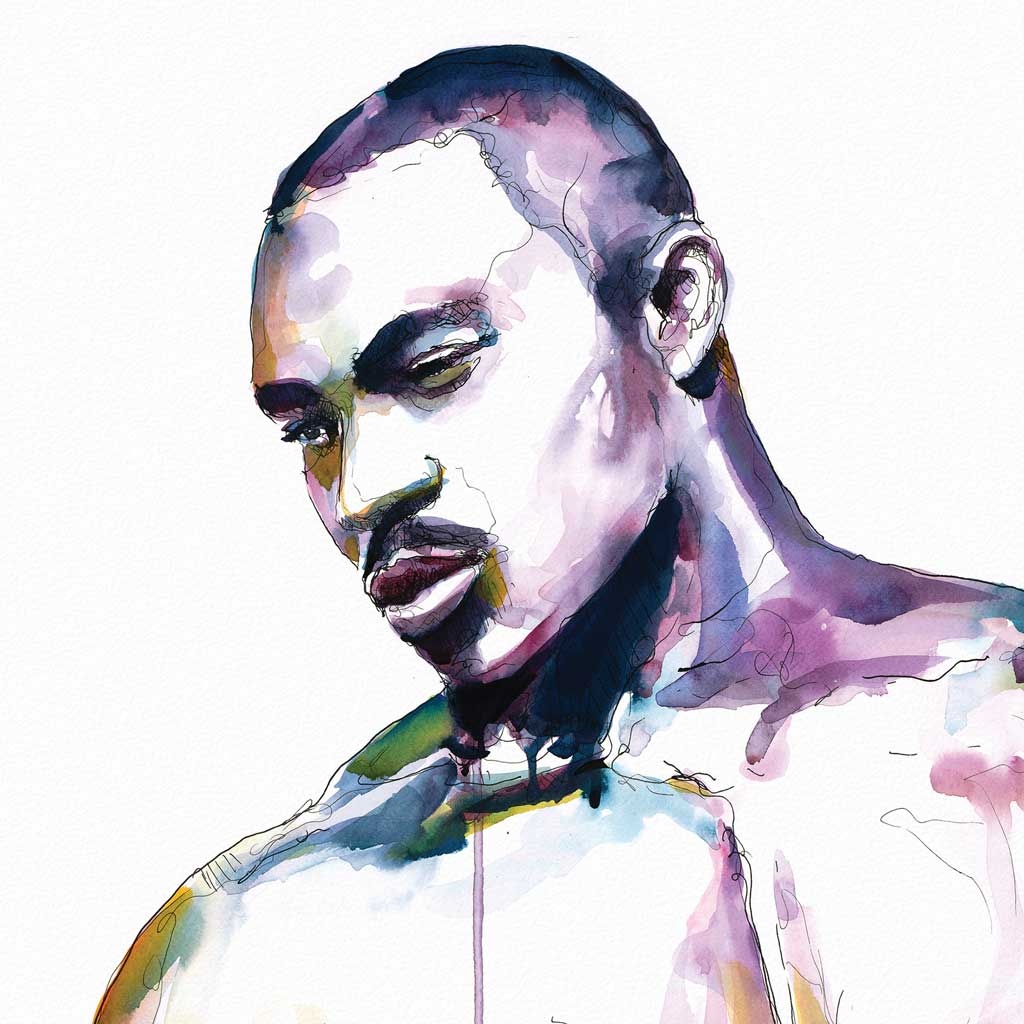 Sexy Muscular Black Man with Intense Look - Original Watercolor Painting Artist Brenden Sanborn