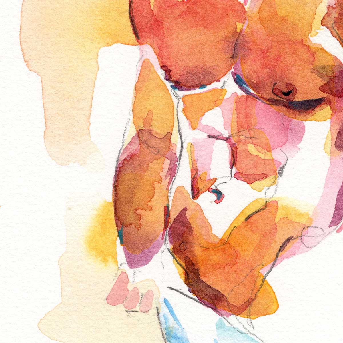 Pensive Shirtless Man with Full Beard - Original Watercolor Painting Artist Brenden Sanborn