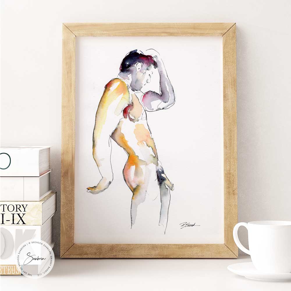 Full Nude Male Leaning Against the Wall - Original Watercolor Painting Artist Brenden Sanborn