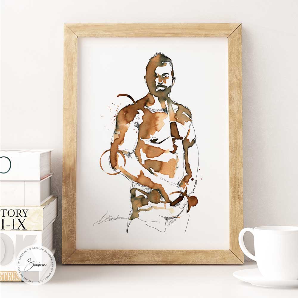 Sensual Male Figure Reaching in Pants - Original Coffee Art Artist Brenden Sanborn