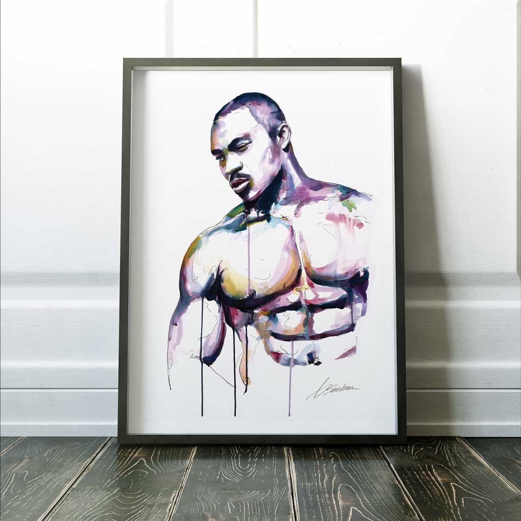 Sexy Muscular Black Man with Intense Look - Original Watercolor Painting Artist Brenden Sanborn