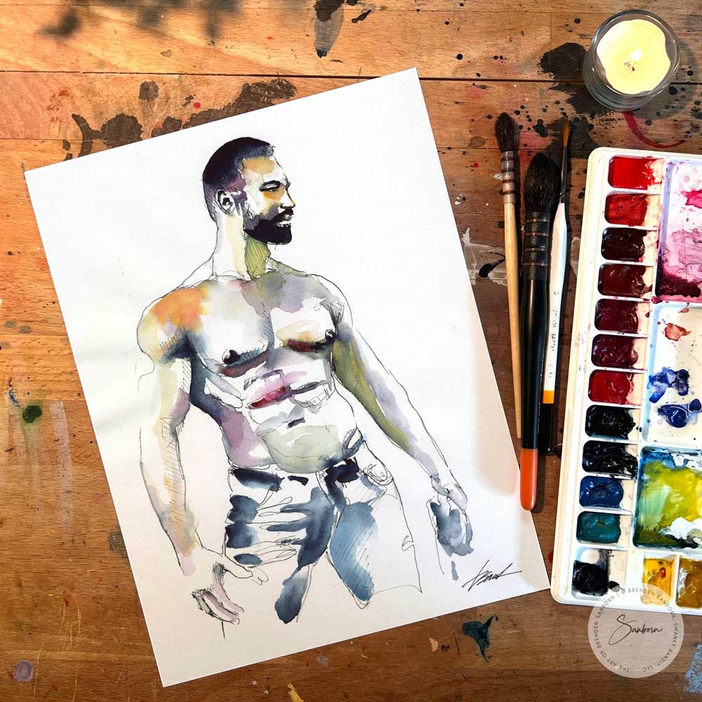 Blue Jeans and Beard - Original Watercolor Painting Artist Brenden Sanborn