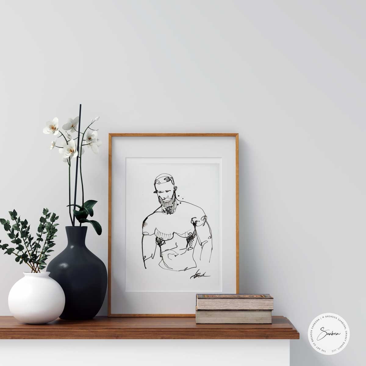 One Line Handsome Bearded Man - Original Ink on Paper Artist Brenden Sanborn