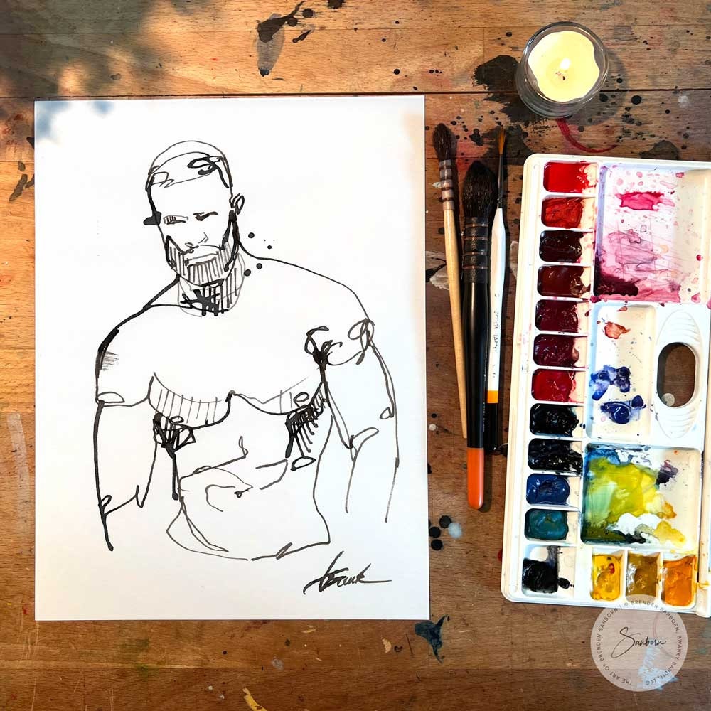 One Line Handsome Bearded Man - Original Ink on Paper Artist Brenden Sanborn