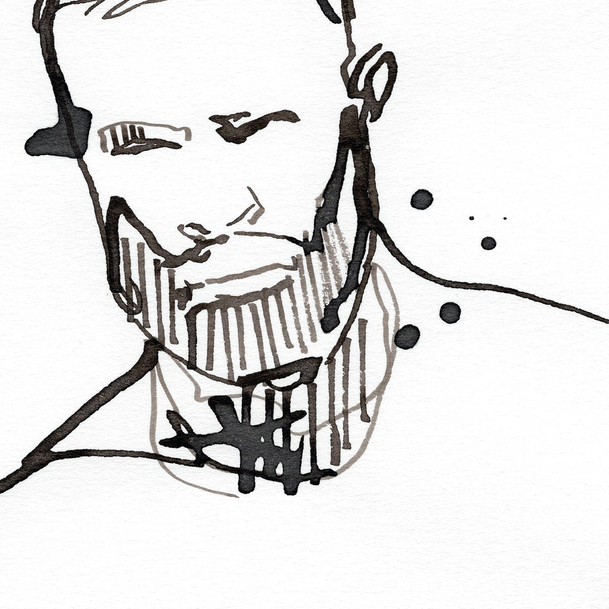 One Line Handsome Bearded Man - Original Ink on Paper Artist Brenden Sanborn