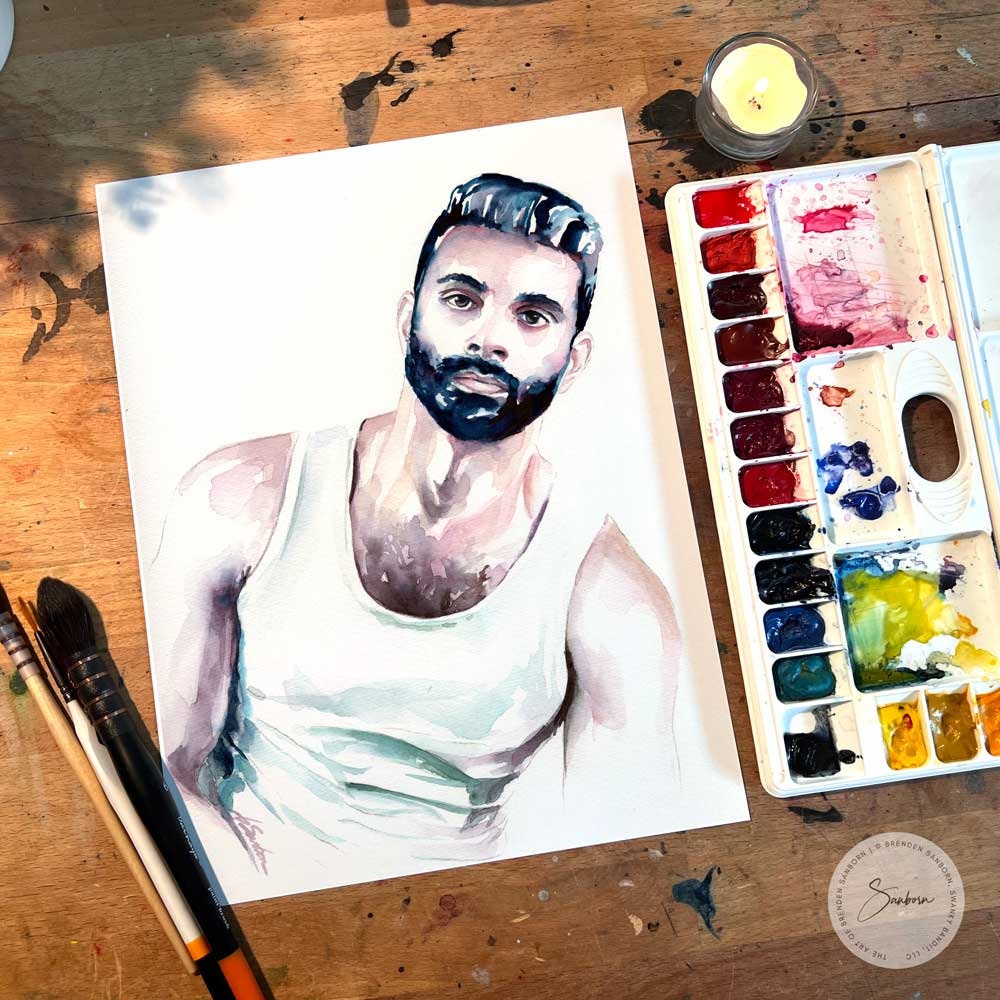 Watercolor Portrait of Handsome Bearded Man in White Tank Top Artist Brenden Sanborn