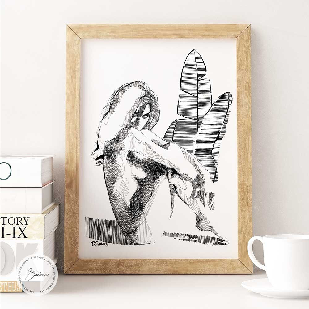Sensual Nude Female with Tropical Leaves - Original Ink on Paper Artist Brenden Sanborn