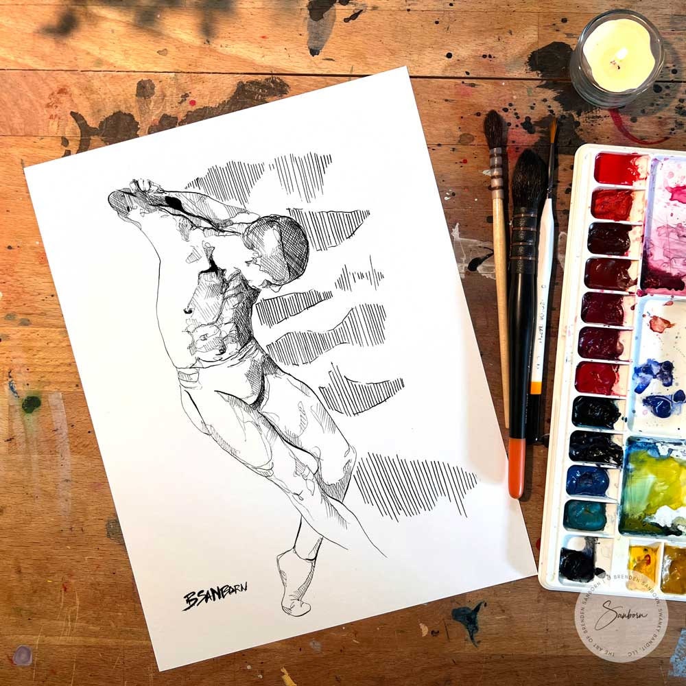 Man Stretching in Tighty Whities - Original Ink on Paper Artist Brenden Sanborn