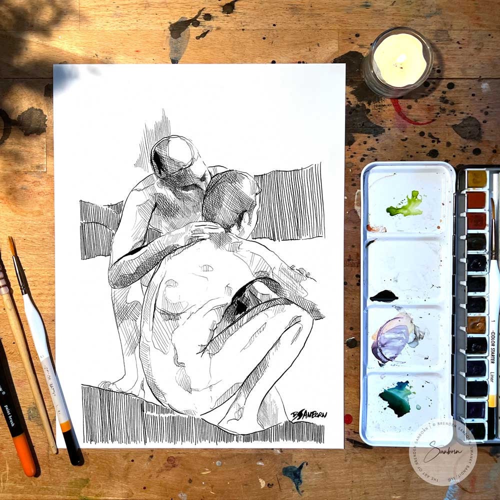 Whispering My love in His Ear - Original Ink on Paper Artist Brenden Sanborn