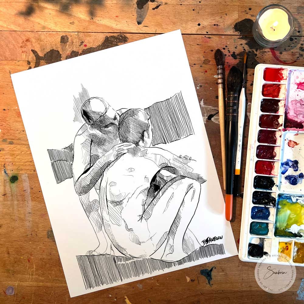 Whispering My love in His Ear - Original Ink on Paper Artist Brenden Sanborn