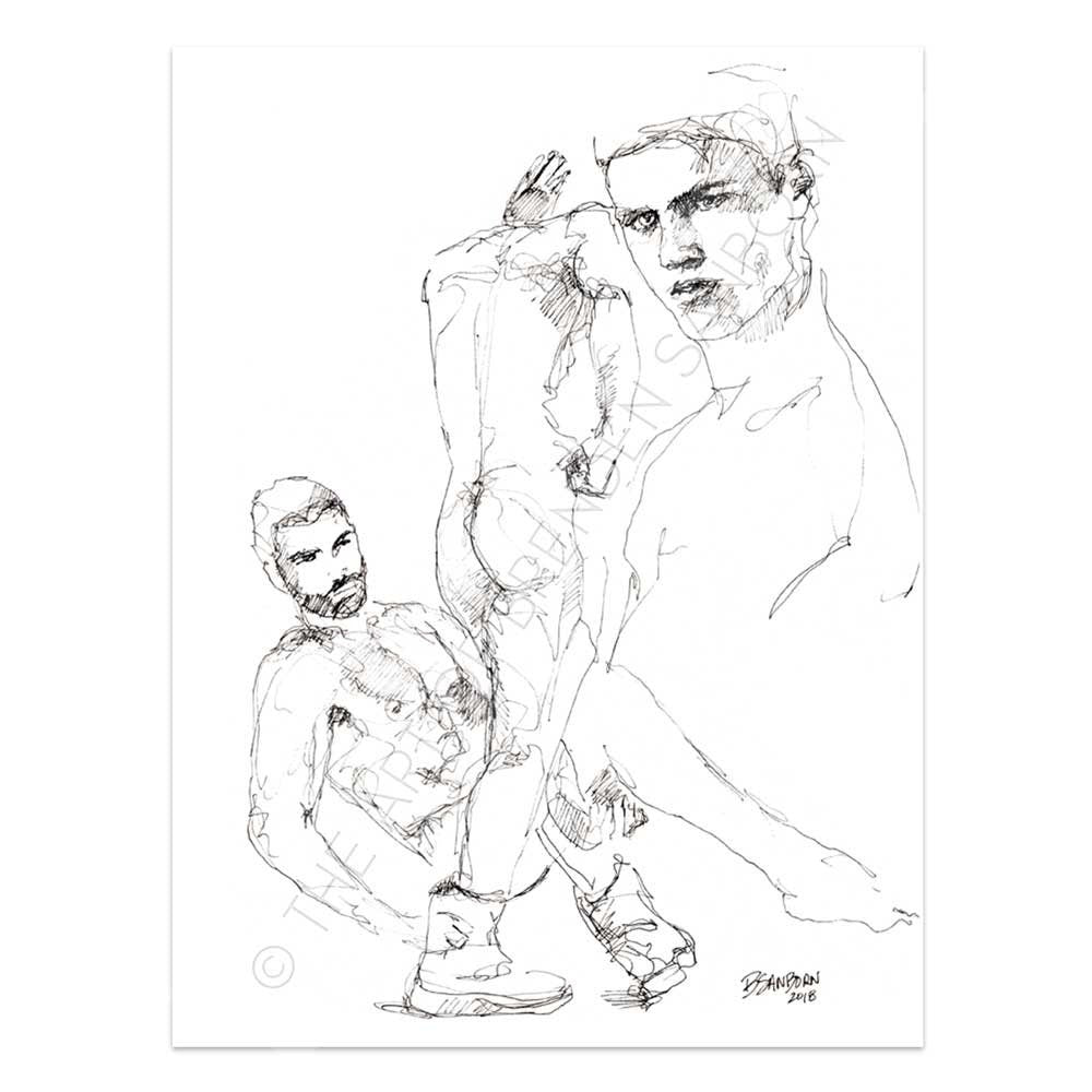 Three Nude Poses of the Handsome Man - Original Ink on Paper Artist Brenden Sanborn