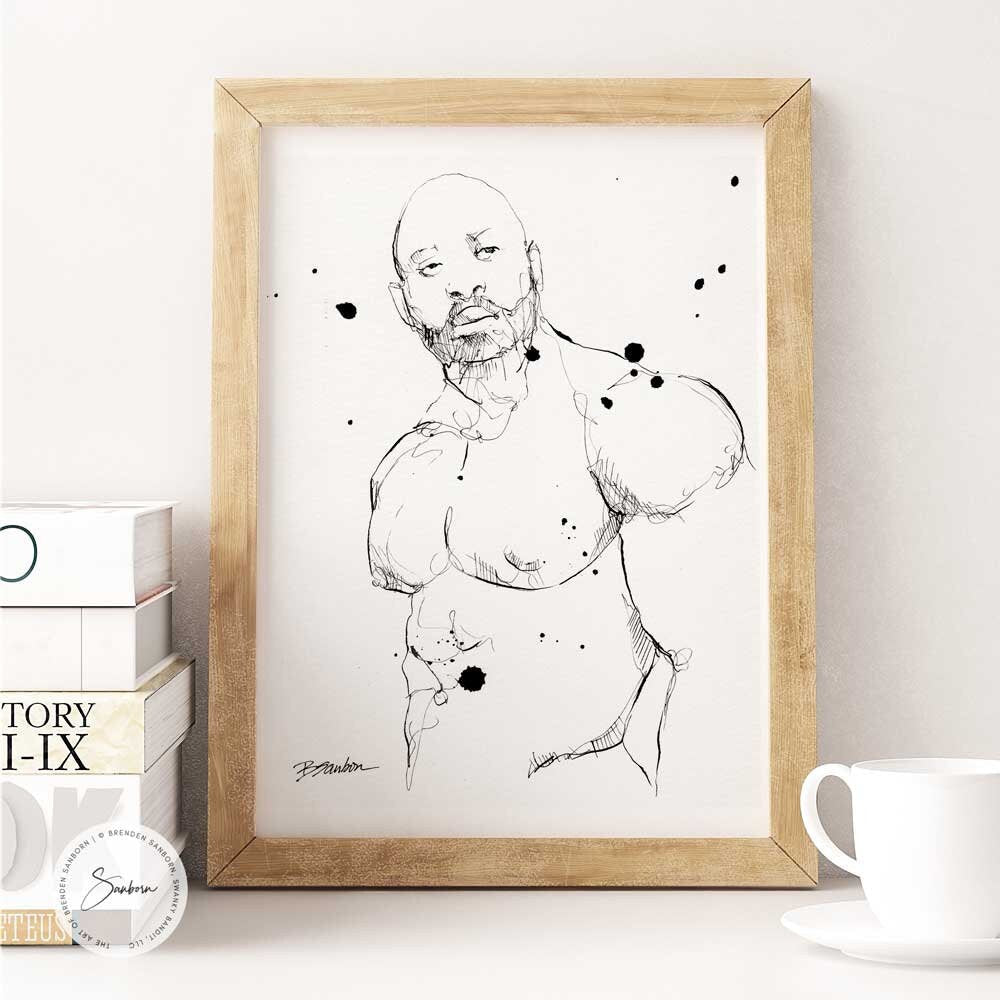 Handsome Bearded Muscle Guy - Original Ink on Paper Artist Brenden Sanborn