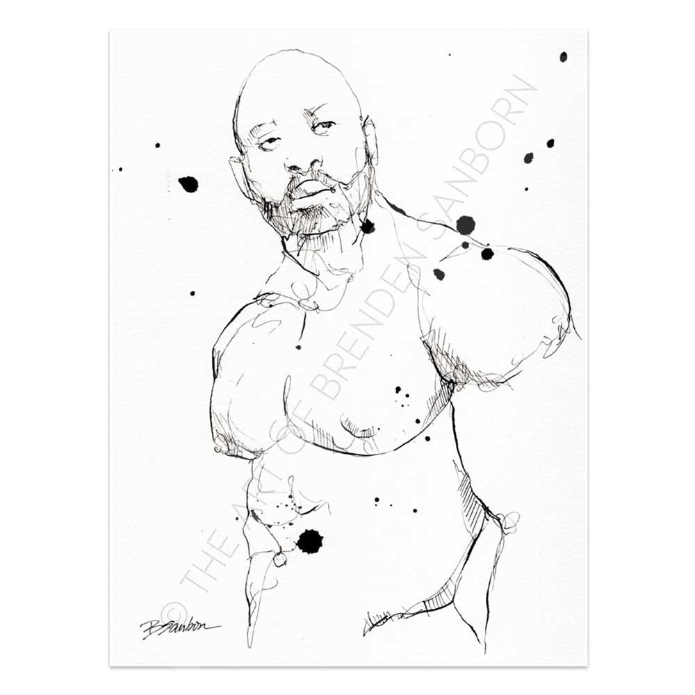 Handsome Bearded Muscle Guy - Original Ink on Paper Artist Brenden Sanborn
