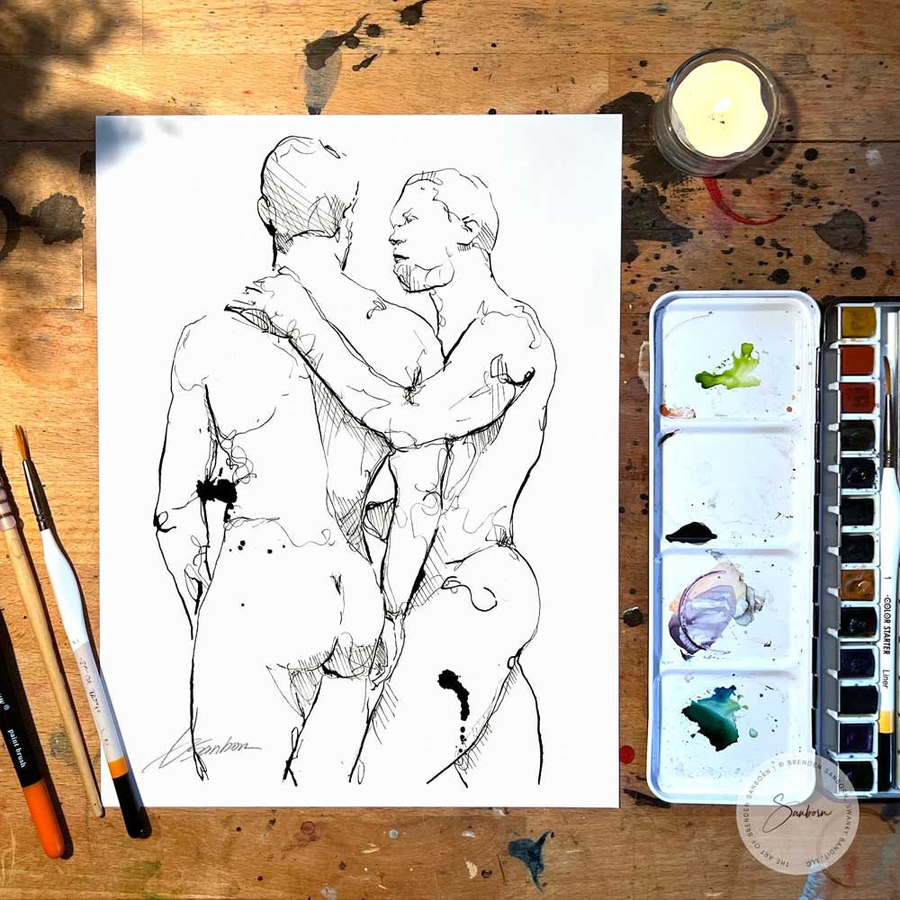 Men At the Resort - Original Ink on Paper Artist Brenden Sanborn