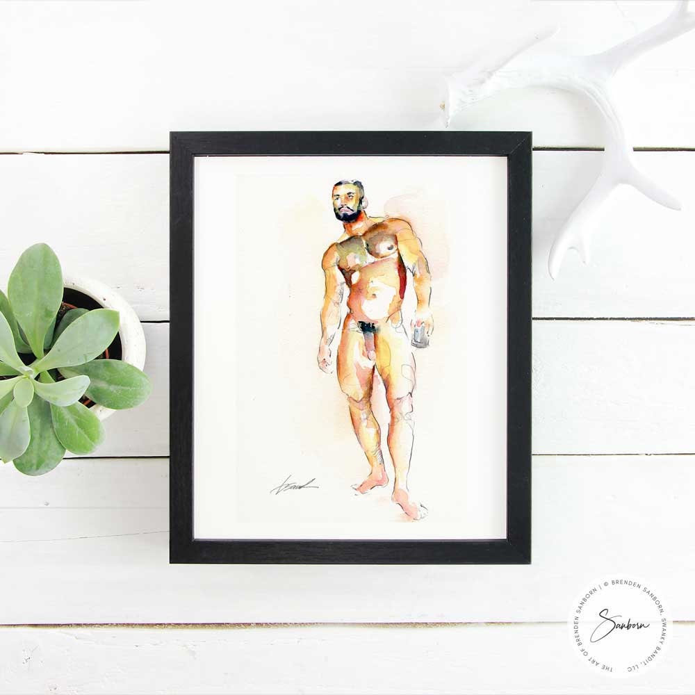 Hairy Chested Man Holding a Glass Full Nude - Original Watercolor Painting Artist Brenden Sanborn