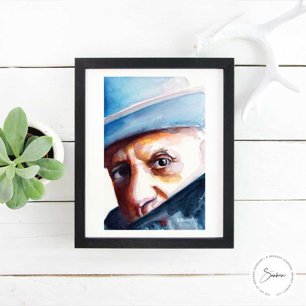 Pablo Picasso in Blue Hat - Original Watercolor Painting Artist Brenden Sanborn