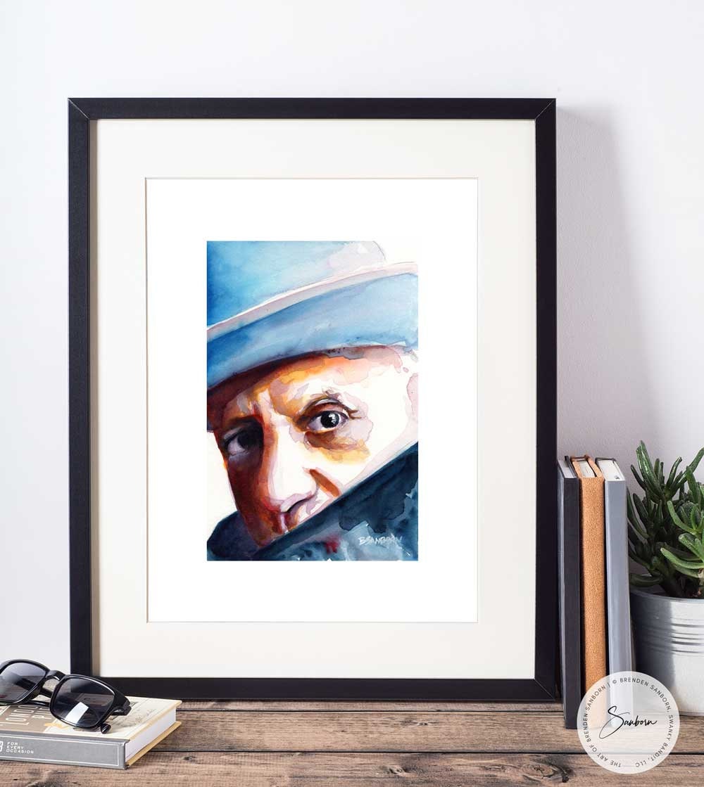 Pablo Picasso in Blue Hat - Original Watercolor Painting Artist Brenden Sanborn