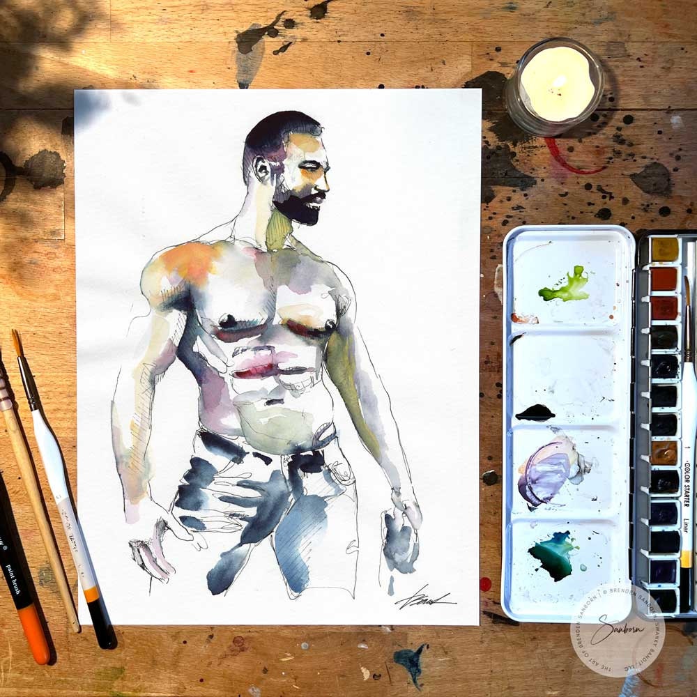 Blue Jeans and Beard - Original Watercolor Painting Artist Brenden Sanborn