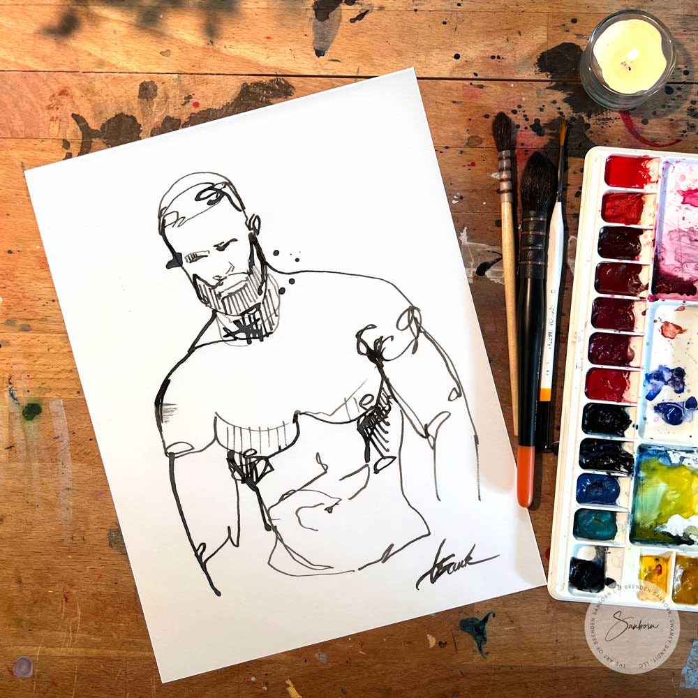 One Line Handsome Bearded Man - Original Ink on Paper Artist Brenden Sanborn