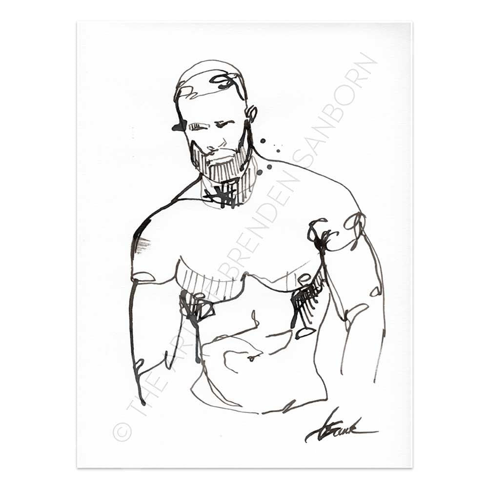 One Line Handsome Bearded Man - Original Ink on Paper Artist Brenden Sanborn